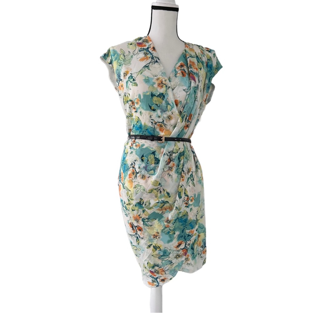 Robert Rodriguez Dress Medium S Floral Print Faux Wrap Draped Cap Sleeves - Picture 5 of 12